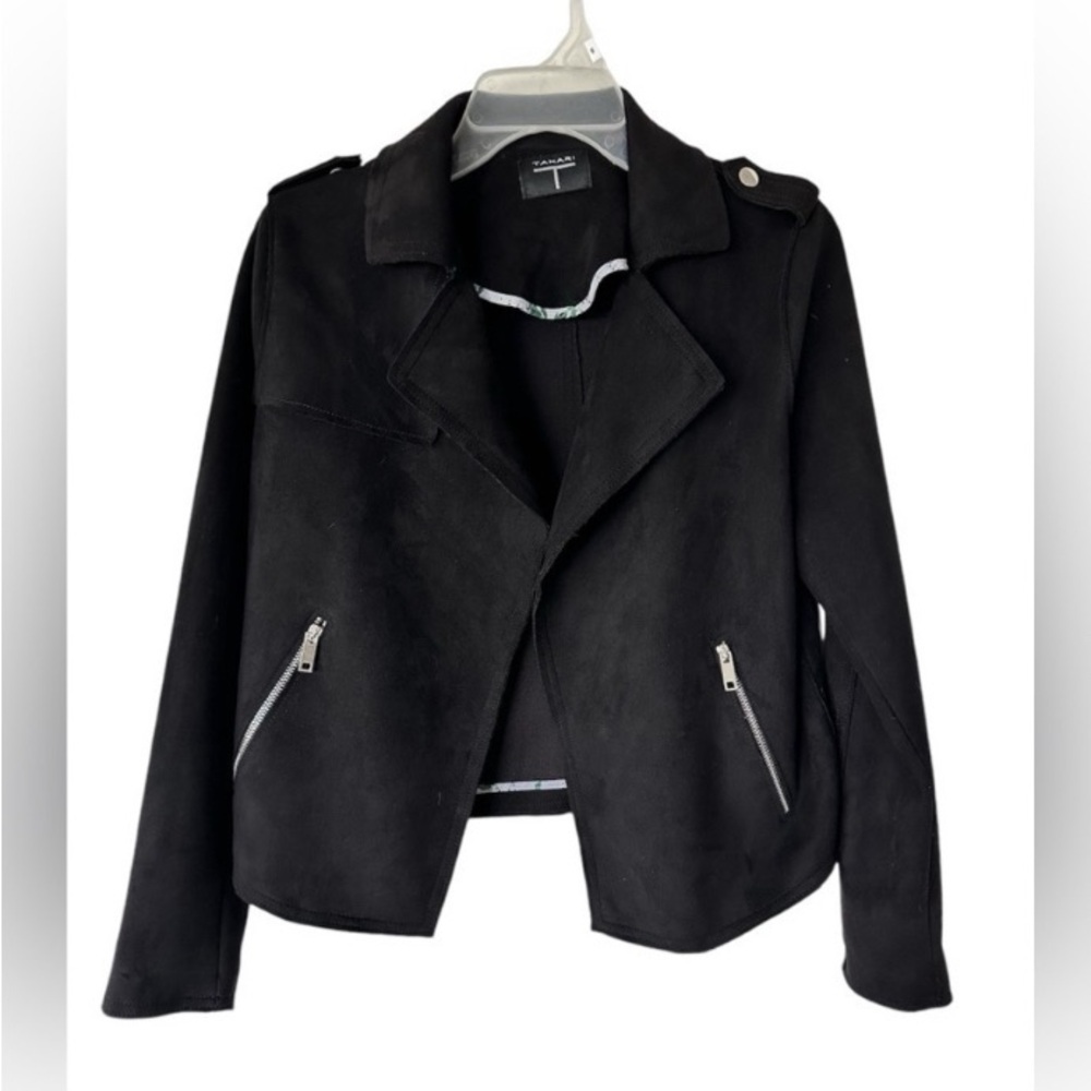 Tahari Faux Suede Black Jacket W/Zipper Pockets, Mid Length Sz 2X